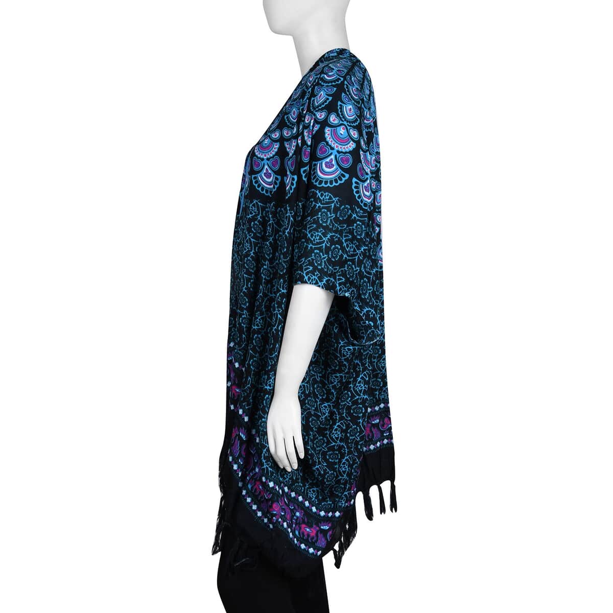 Tamsy Blue and Black Bohemian Printed Rayon Kimono with Tassels - One Size Fits Most image number 2