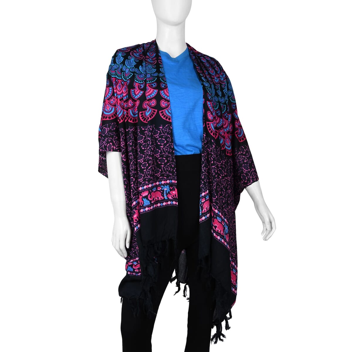 Tamsy Multi Color Bohemian Printed Rayon Kimono with Tassels - One Size Fits Most image number 0
