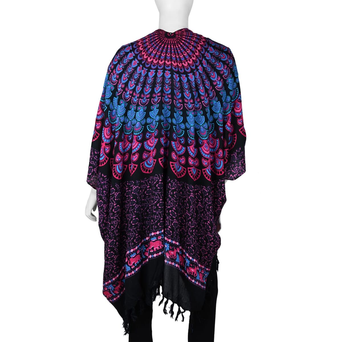Tamsy Multi Color Bohemian Printed Rayon Kimono with Tassels - One Size Fits Most image number 1
