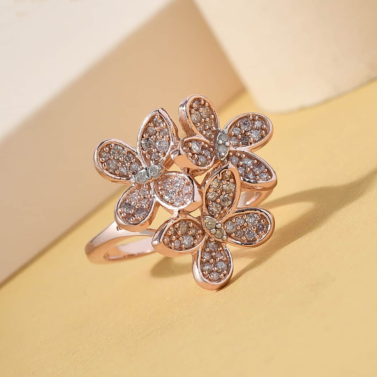 Natural Pink and White Diamond I3 Floral Butterfly Statement Ring in Vermeil Rose Gold Over Sterling Silver 0.50 ctw image number 1