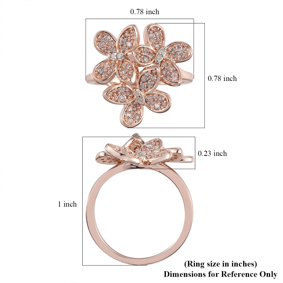 Natural Pink and White Diamond I3 Floral Butterfly Statement Ring in Vermeil Rose Gold Over Sterling Silver 0.50 ctw image number 5