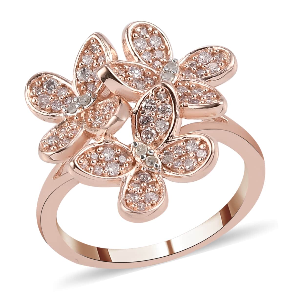 Natural Pink and White Diamond I3 Floral Butterfly Statement Ring in Vermeil Rose Gold Over Sterling Silver (Size 7.0) 0.50 ctw image number 0