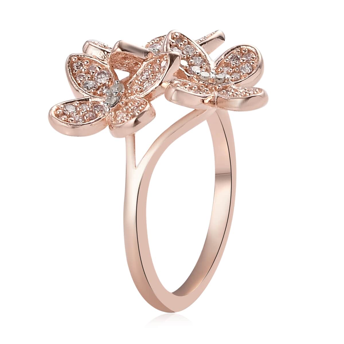 Natural Pink and White Diamond I3 Floral Butterfly Statement Ring in Vermeil Rose Gold Over Sterling Silver (Size 7.0) 0.50 ctw image number 3