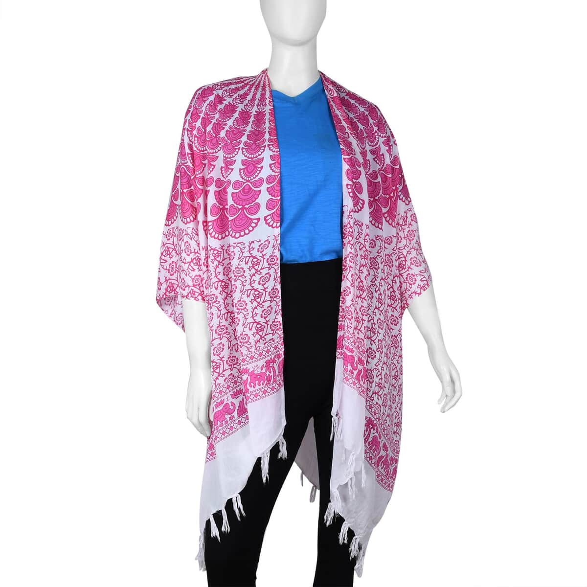 Tamsy Green Bohemian Printed Rayon Kimono with Tassels - One Size Fits Most image number 0