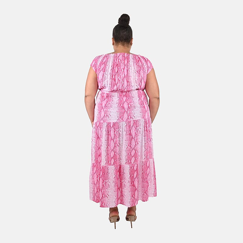 Tamsy Pink Rayon Tropical Printed Maxi Dress - One Size Fits Most