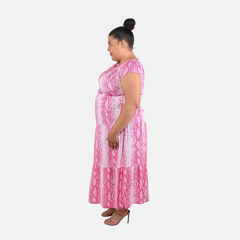 Tamsy Pink Rayon Tropical Printed Maxi Dress - One Size Fits Most