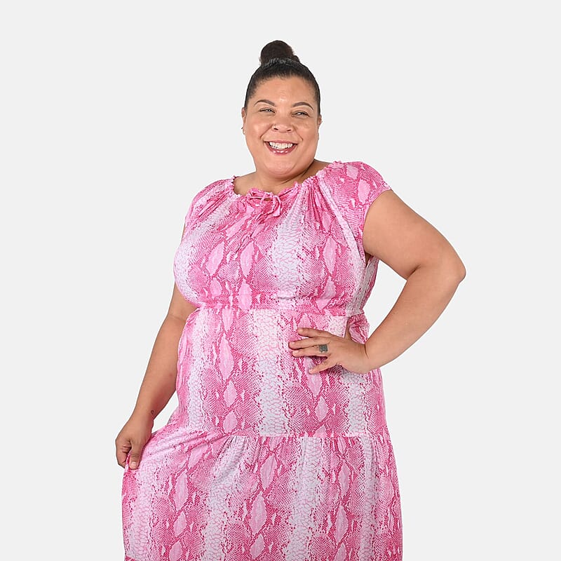 Tamsy Pink Rayon Tropical Printed Maxi Dress - One Size Fits Most