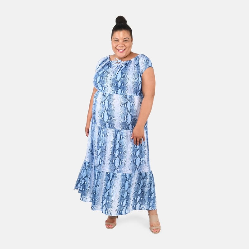 Tamsy Blue Rayon Tropical Printed Maxi Dress - One Size Fits Most