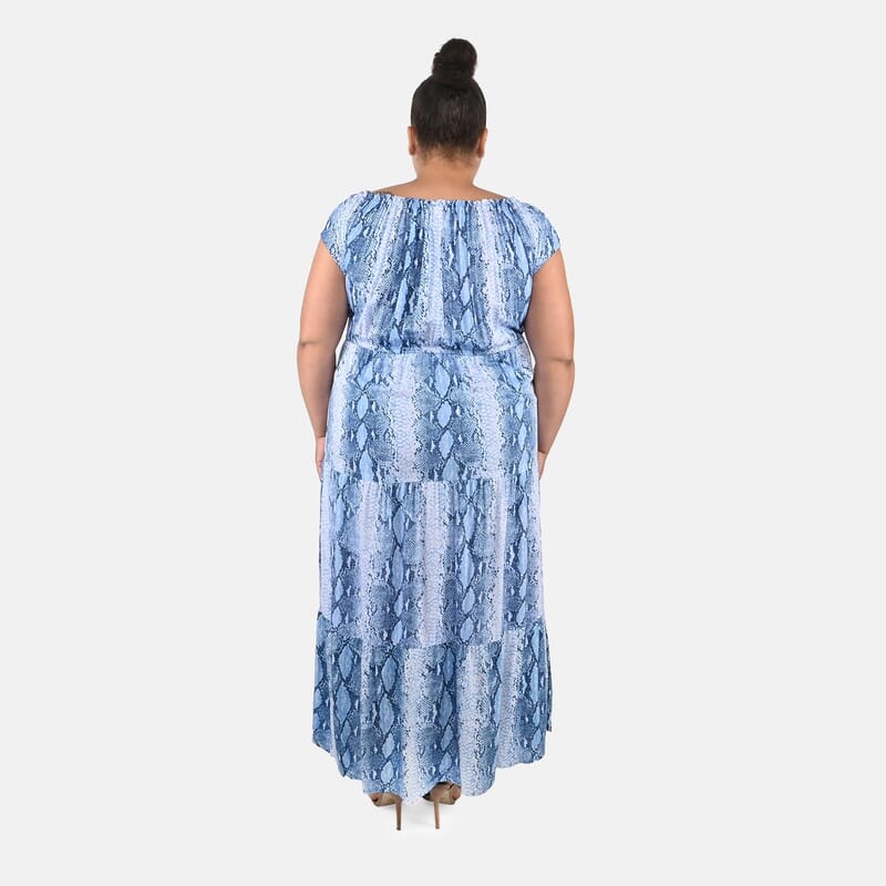 Tamsy Blue Rayon Tropical Printed Maxi Dress - One Size Fits Most