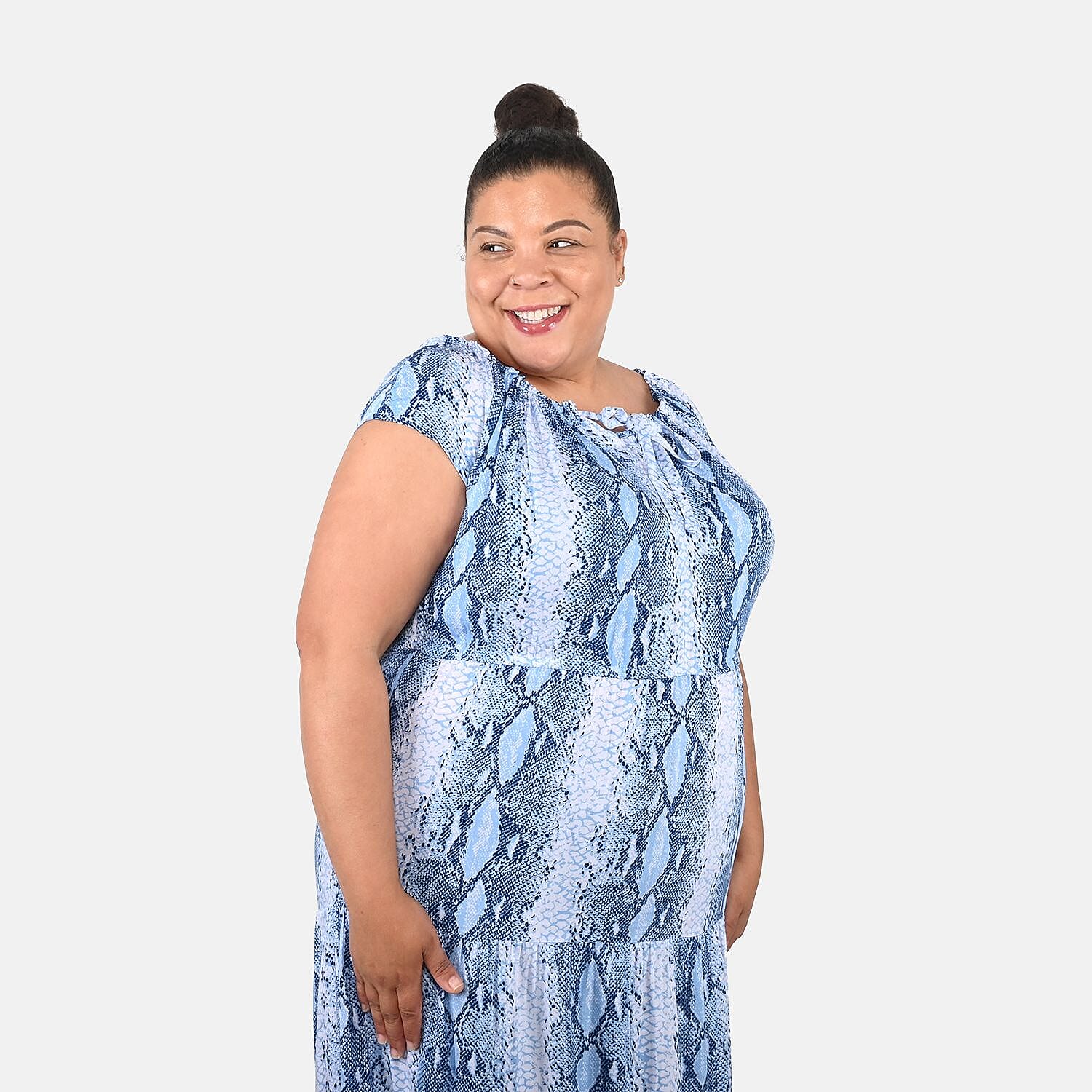 Tamsy Blue Rayon Tropical Printed Maxi Dress - One Size Fits Most