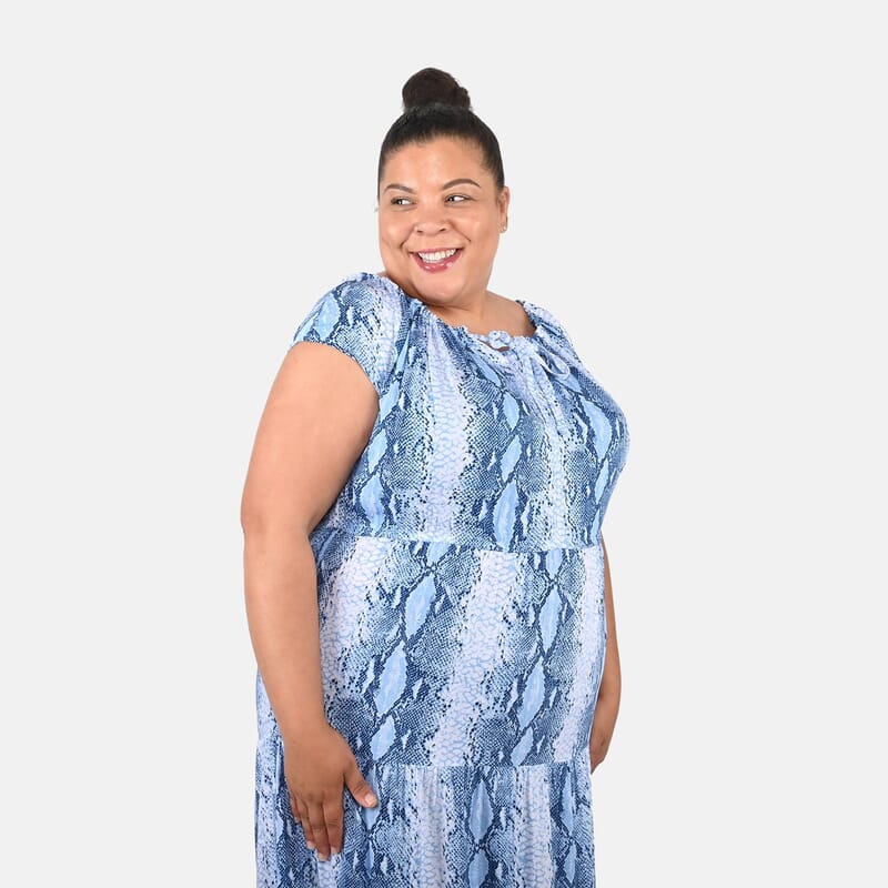 Tamsy Blue Rayon Tropical Printed Maxi Dress - One Size Fits Most