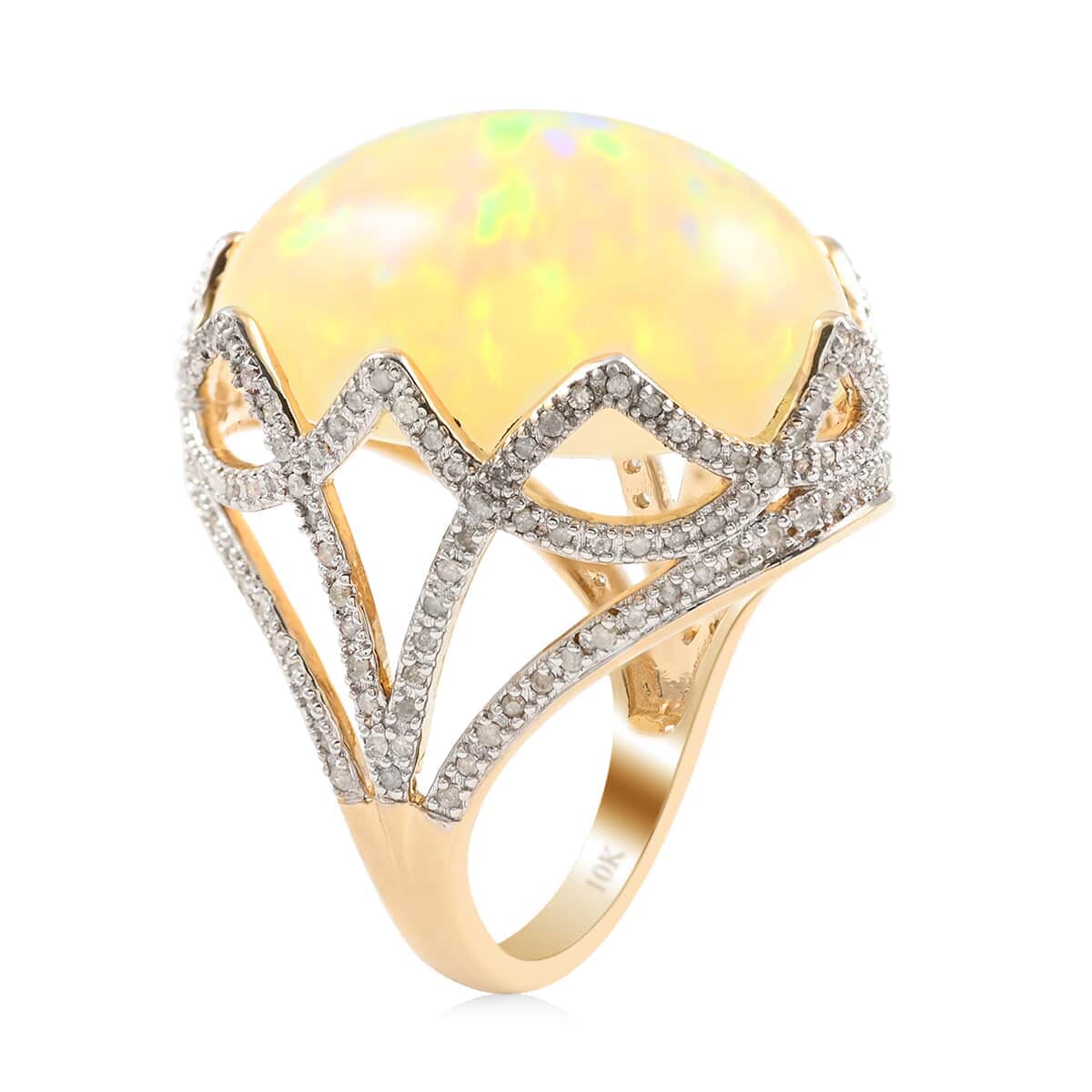 Luxoro 10K Yellow Gold Ethiopian Welo Opal and G-H I3 Diamond Ring 7.40 Grams 28.35 ctw image number 3