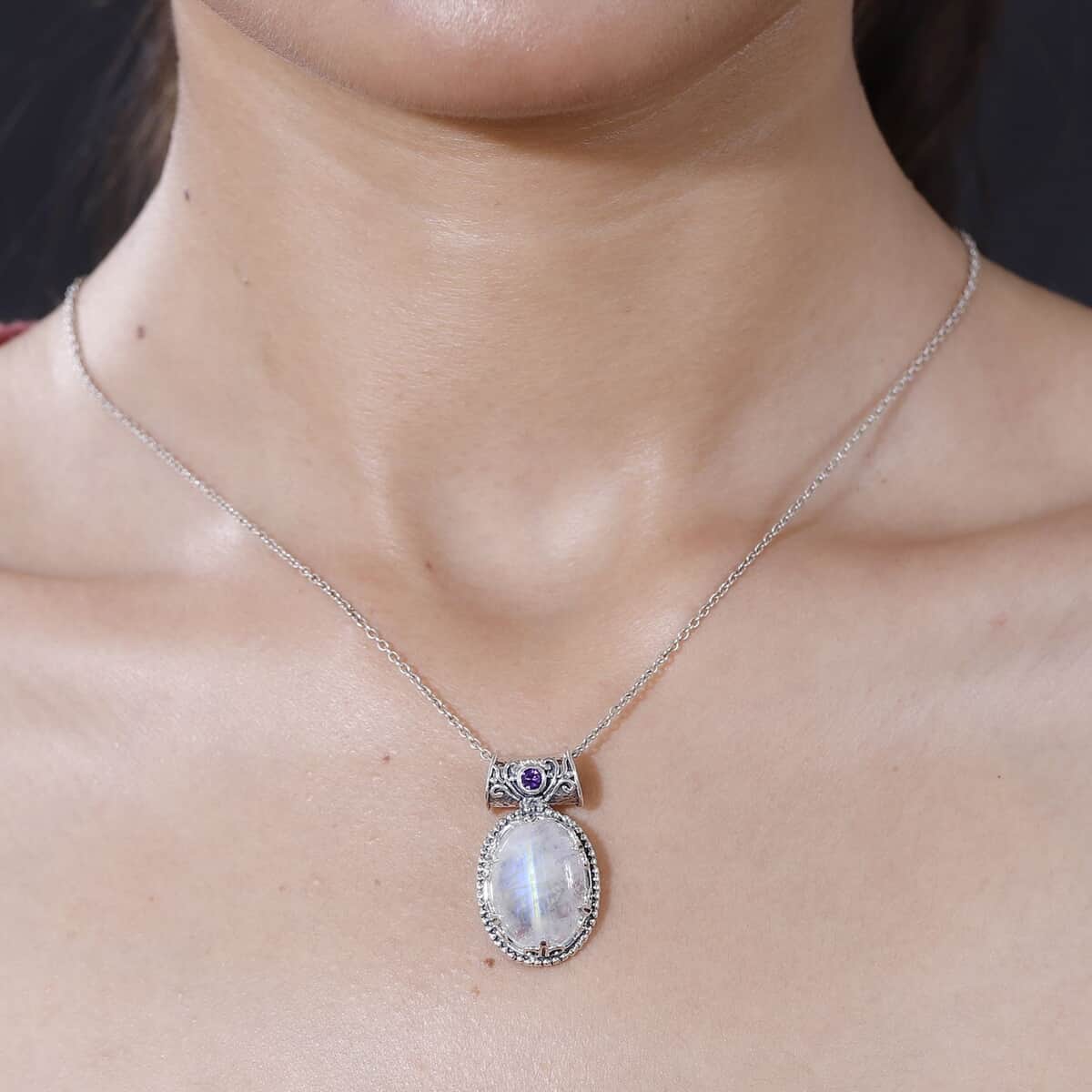 Rainbow Moonstone and African Amethyst Pendant in Sterling Silver 12.35 ctw image number 1