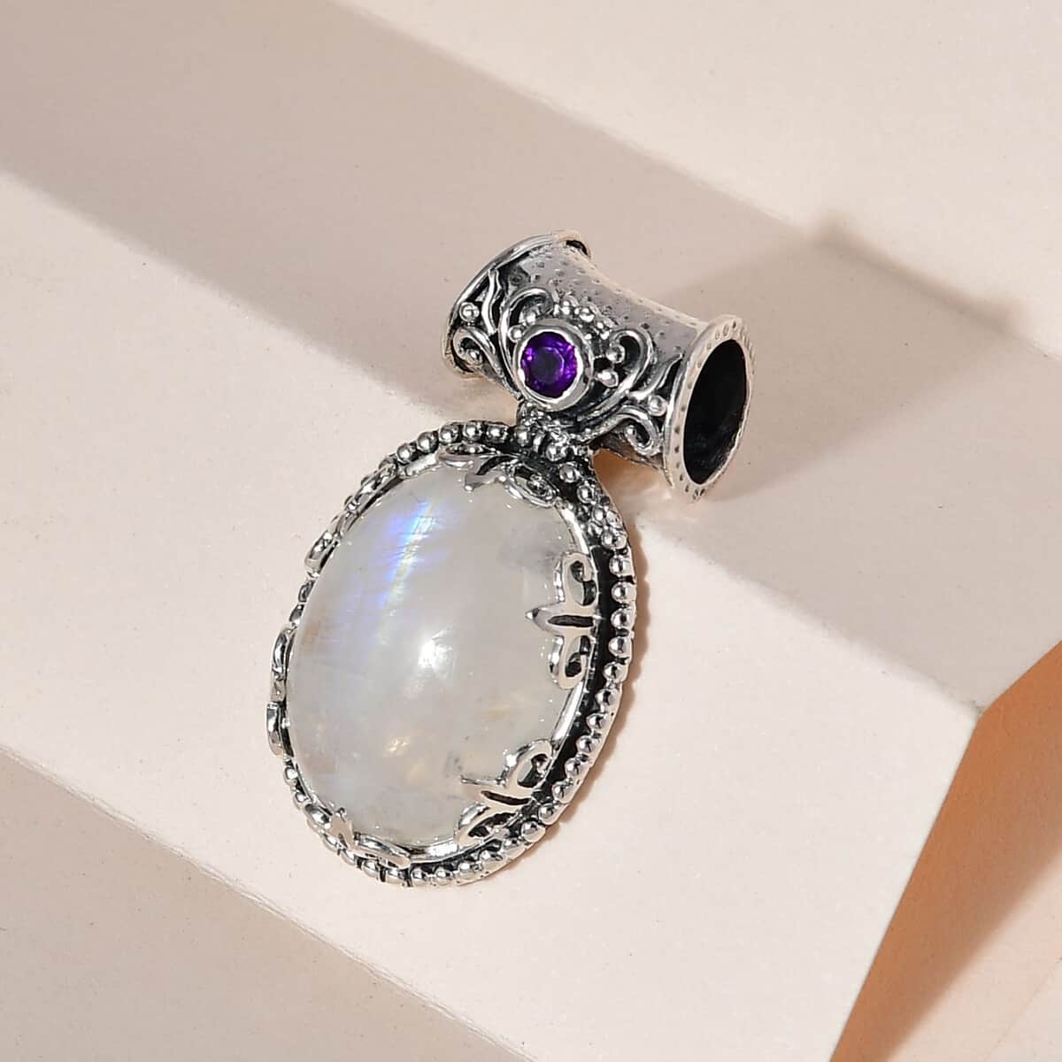 Rainbow Moonstone and African Amethyst Pendant in Sterling Silver 12.35 ctw image number 3