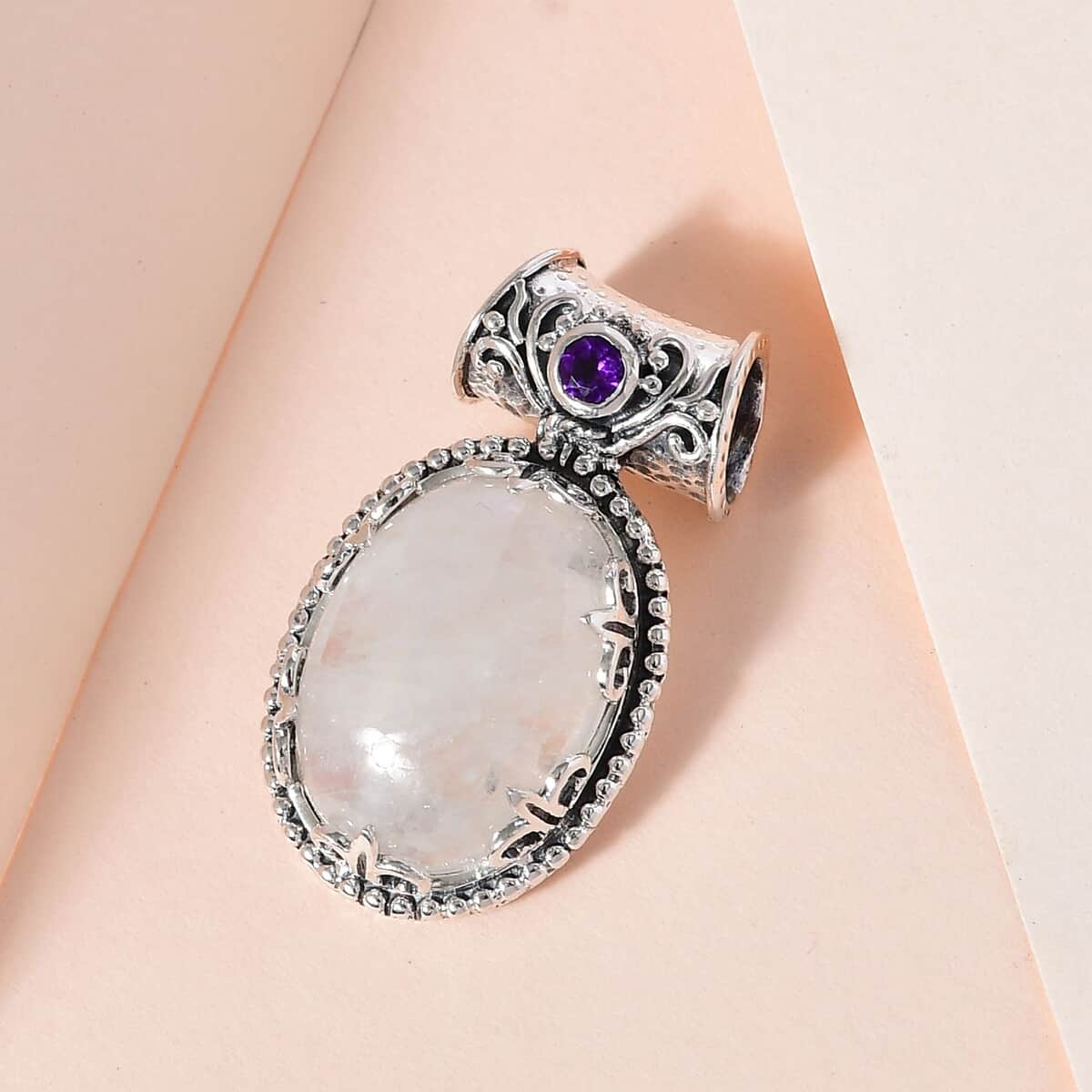 Rainbow Moonstone and African Amethyst Pendant in Sterling Silver 12.35 ctw image number 4