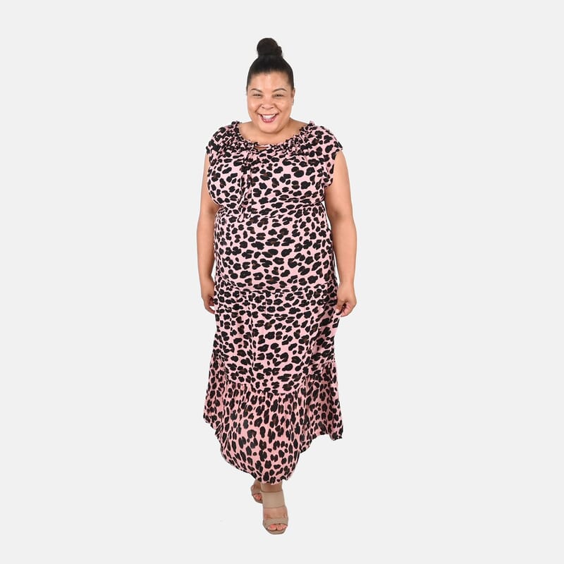 Tamsy Pink Rayon Leopard Printed Maxi Dress - One Size Fits Most