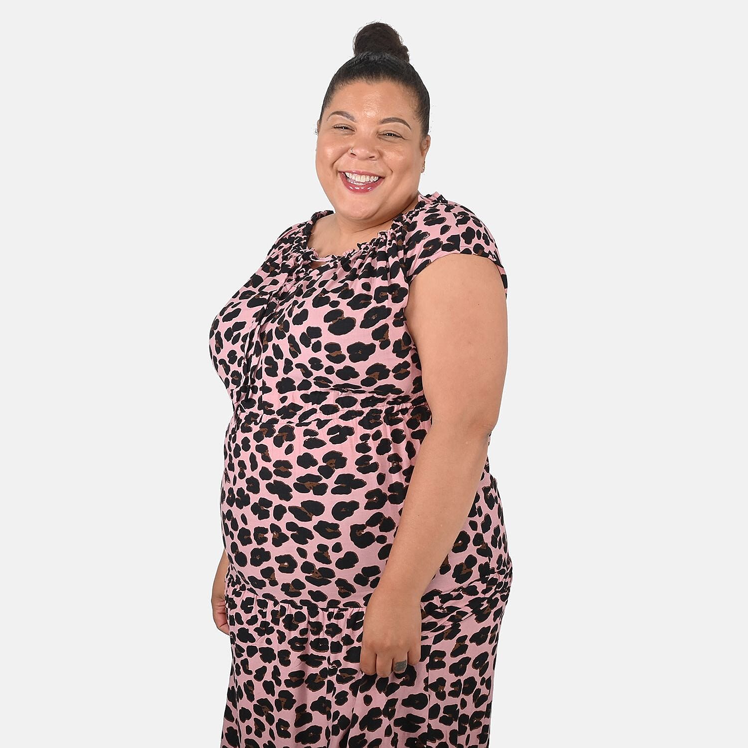 Tamsy Pink Rayon Leopard Printed Maxi Dress - One Size Fits Most