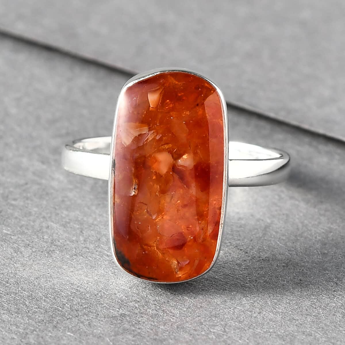 Artisan Crafted Fire Opal Chips Elongated Ring in Sterling Silver (Size 7.0) 5.00 ctw image number 1