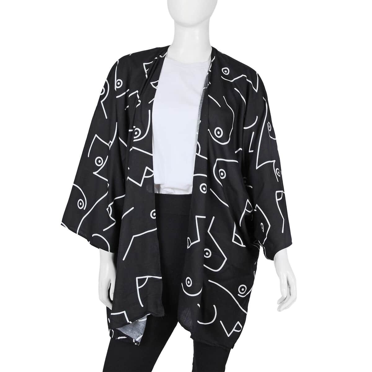 Tamsy Black Abstract Pattern 100% Cotton Kimono - One Size Fits Most image number 0