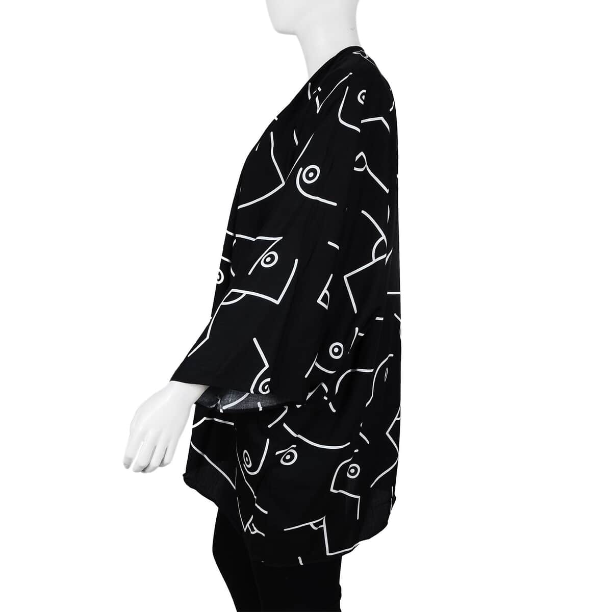 Tamsy Black Abstract Pattern 100% Cotton Kimono - One Size Fits Most image number 2