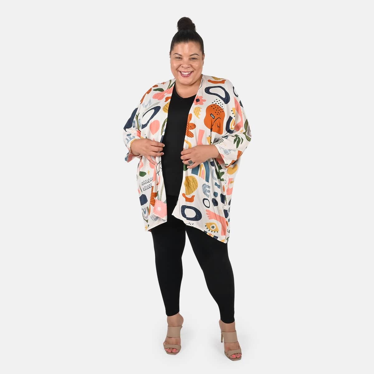 Tamsy White Abstract Pattern Kimono - One Size Fits Most image number 0