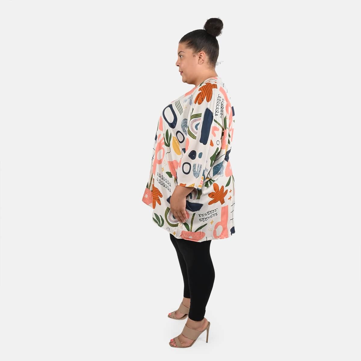 Tamsy White Abstract Pattern Kimono - One Size Fits Most image number 1