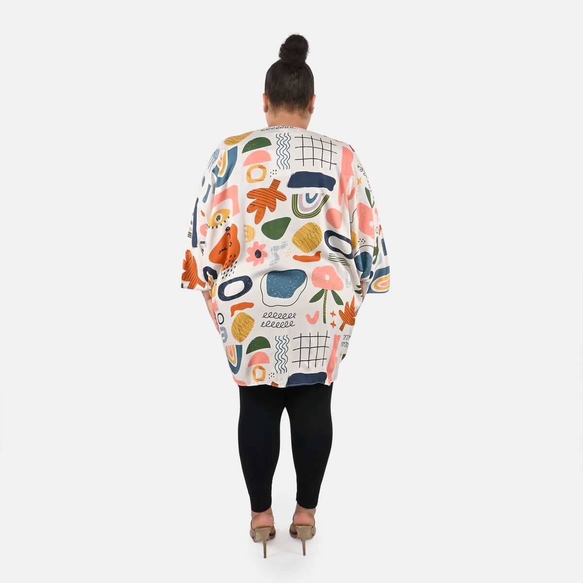 Tamsy White Abstract Pattern Kimono - One Size Fits Most image number 2