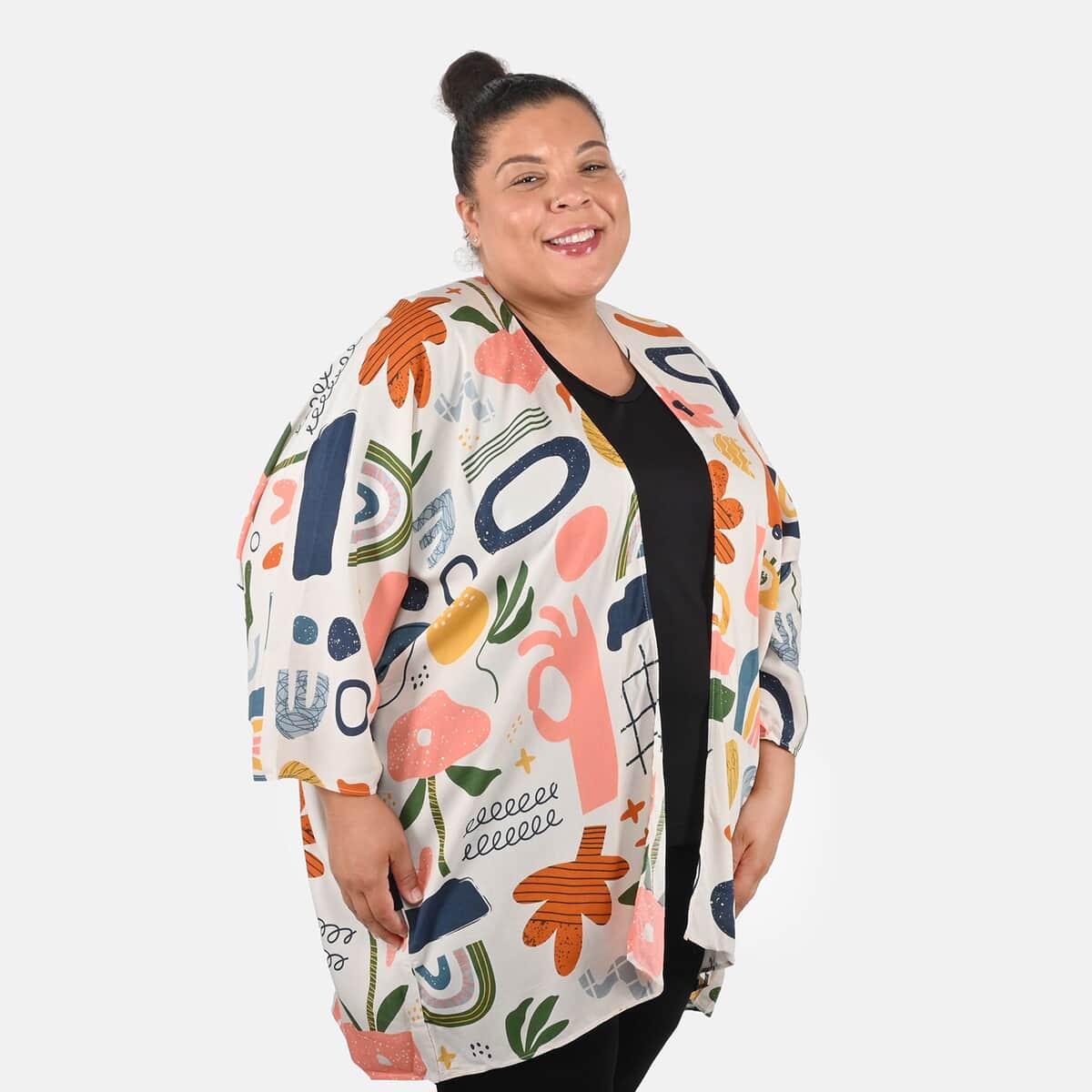 Tamsy White Abstract Pattern Kimono - One Size Fits Most image number 3