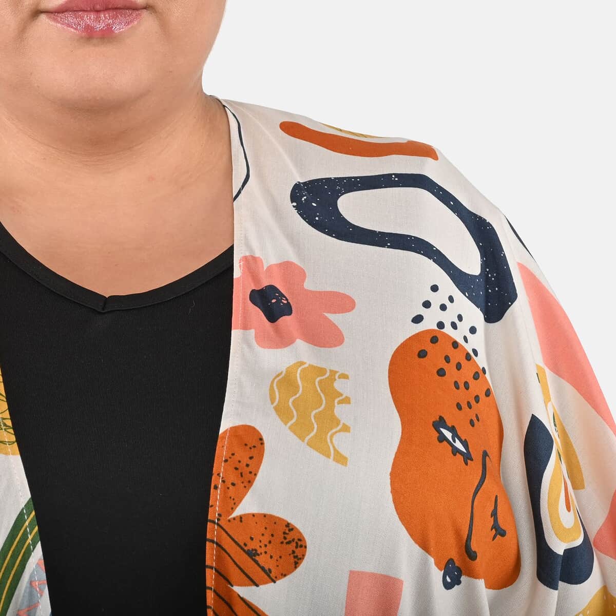 Tamsy White Abstract Pattern Kimono - One Size Fits Most image number 4