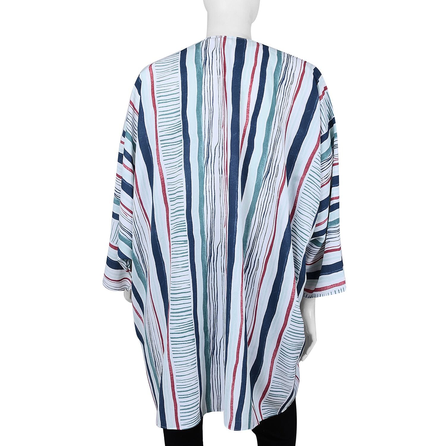 Tamsy White Stripe Pattern Kimono - One Size Fits Most