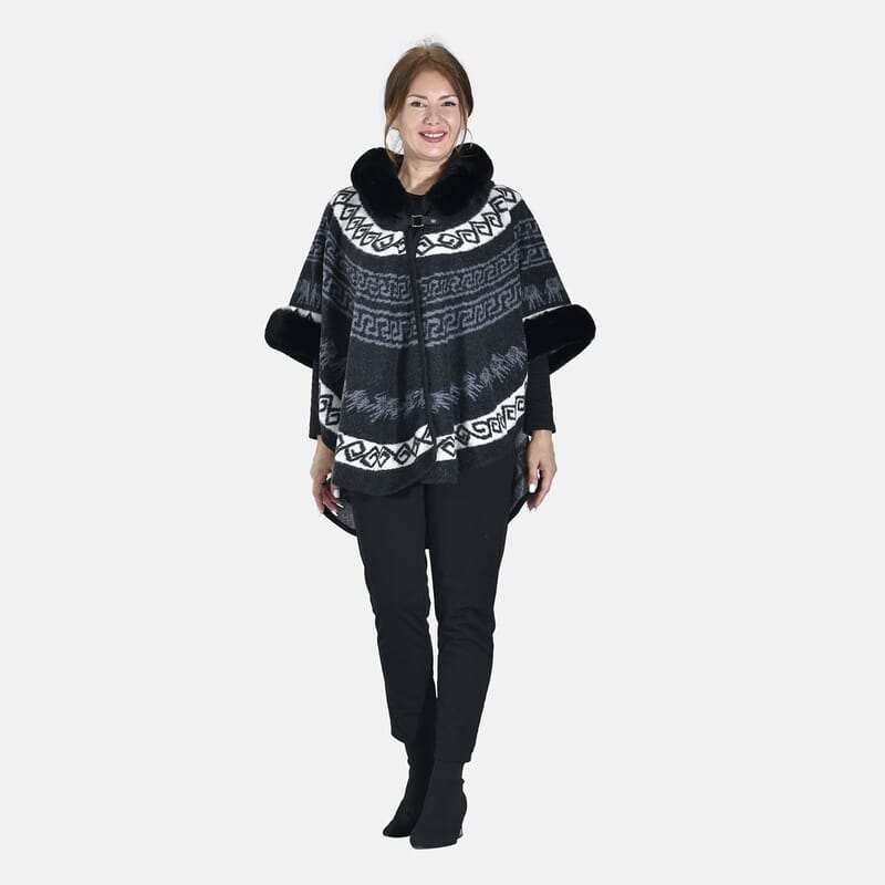 Tamsy Black Half Moon Faux Fur Lined Hooded Poncho with Snap on Button Closure - One Size Fits Most