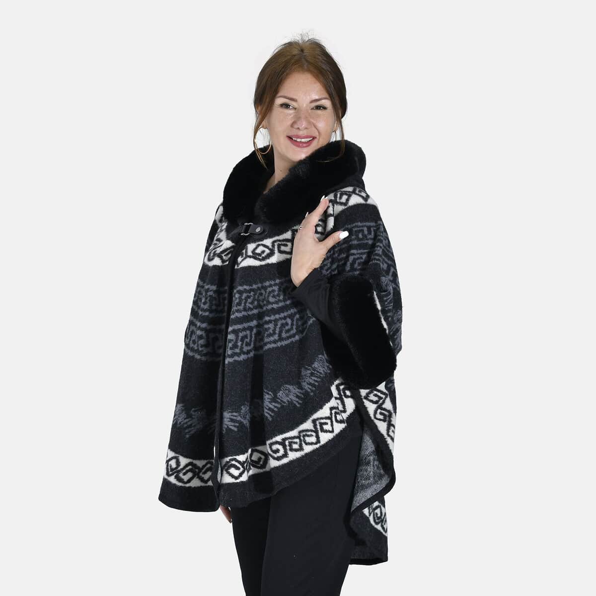 Tamsy Black Half Moon Faux Fur Lined Hooded Poncho with Snap on Button Closure - One Size Fits Most image number 2