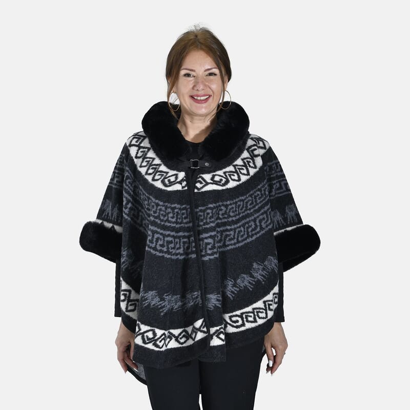 Tamsy Black Half Moon Faux Fur Lined Hooded Poncho with Snap on Button Closure - One Size Fits Most