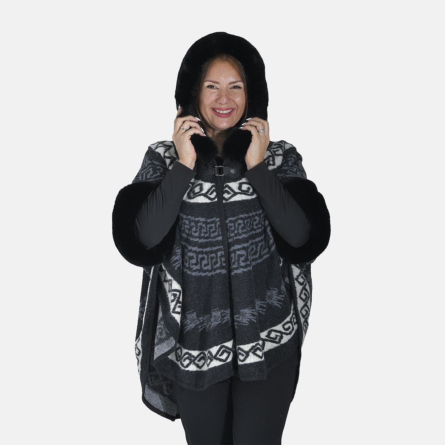 Tamsy Black Half Moon Faux Fur Lined Hooded Poncho with Snap on Button Closure - One Size Fits Most
