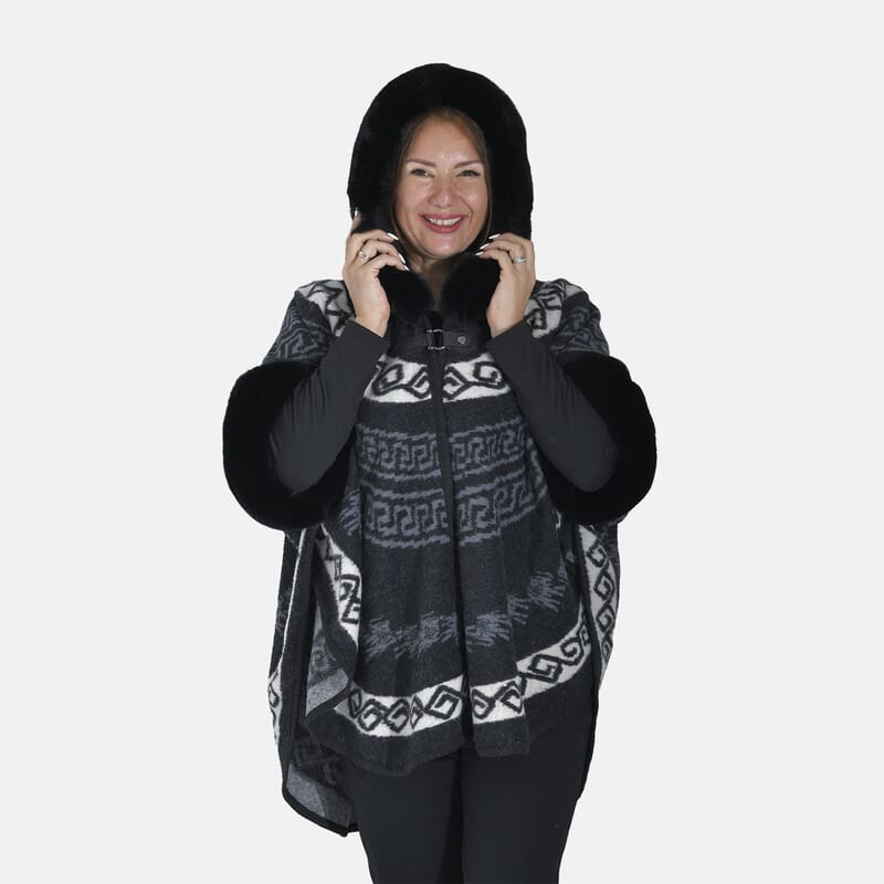 Tamsy Black Half Moon Faux Fur Lined Hooded Poncho with Snap on Button Closure - One Size Fits Most
