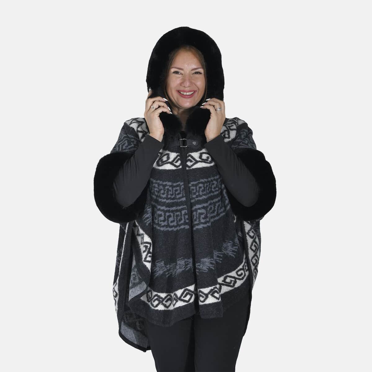 TAMSY Black Half Moon Faux Fur Lined Hooded Poncho with Snap on Button Closure - One Size Fits Most image number 4