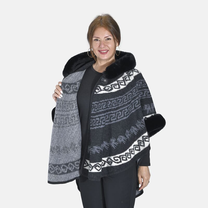 Tamsy Black Half Moon Faux Fur Lined Hooded Poncho with Snap on Button Closure - One Size Fits Most