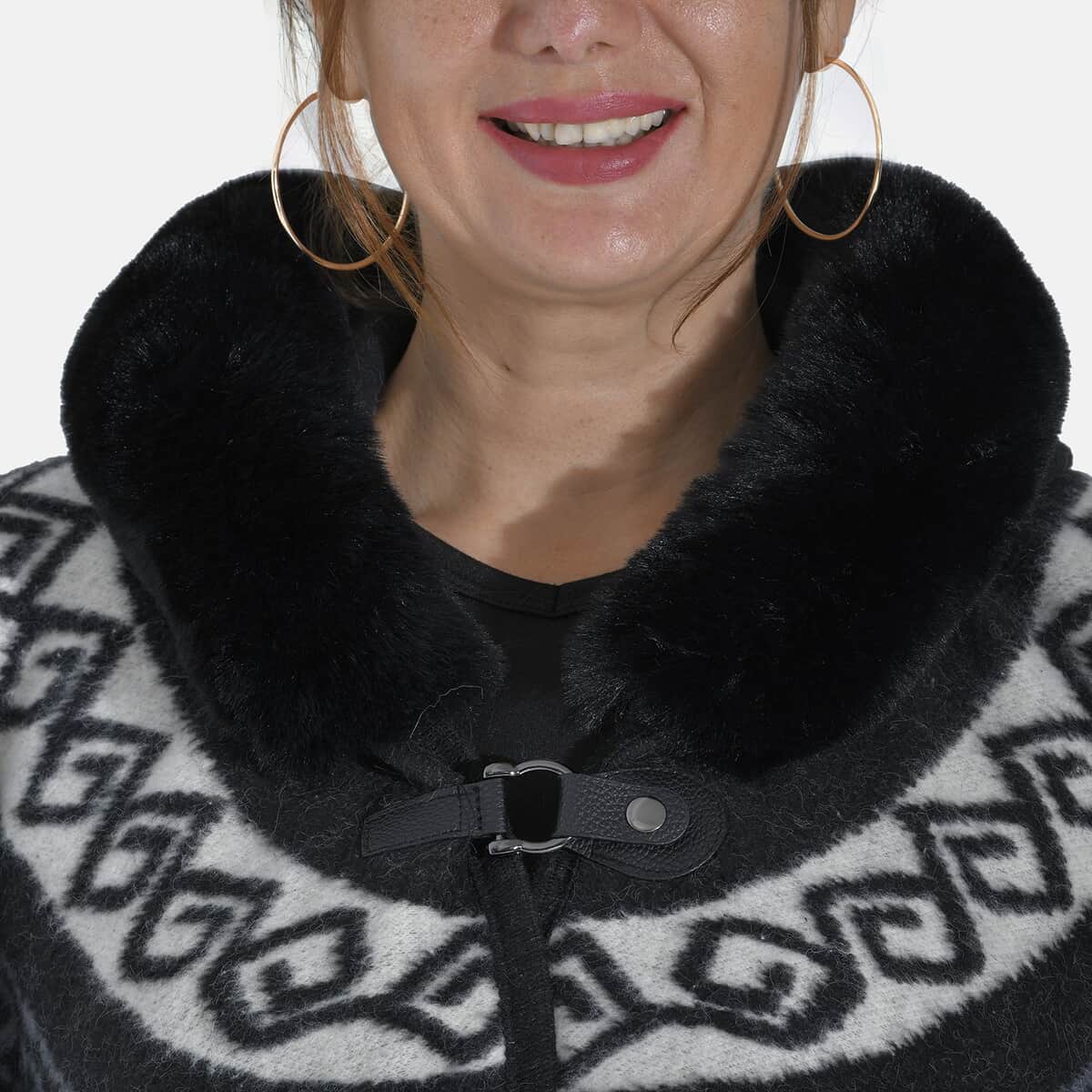 Tamsy Black Half Moon Faux Fur Lined Hooded Poncho with Snap on Button Closure - One Size Fits Most image number 6