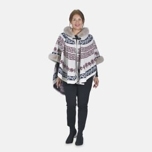 Tamsy Khaki Half Moon Faux Fur Lined Hooded Poncho with Snap on Button Closure - One Size Fits Most