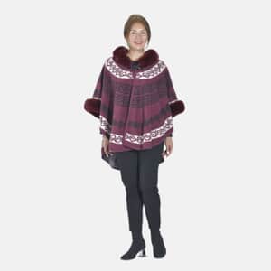 Tamsy Cranberry Half Moon Faux Fur Lined Hooded Poncho with Snap on Button Closure - One Size Fits Most