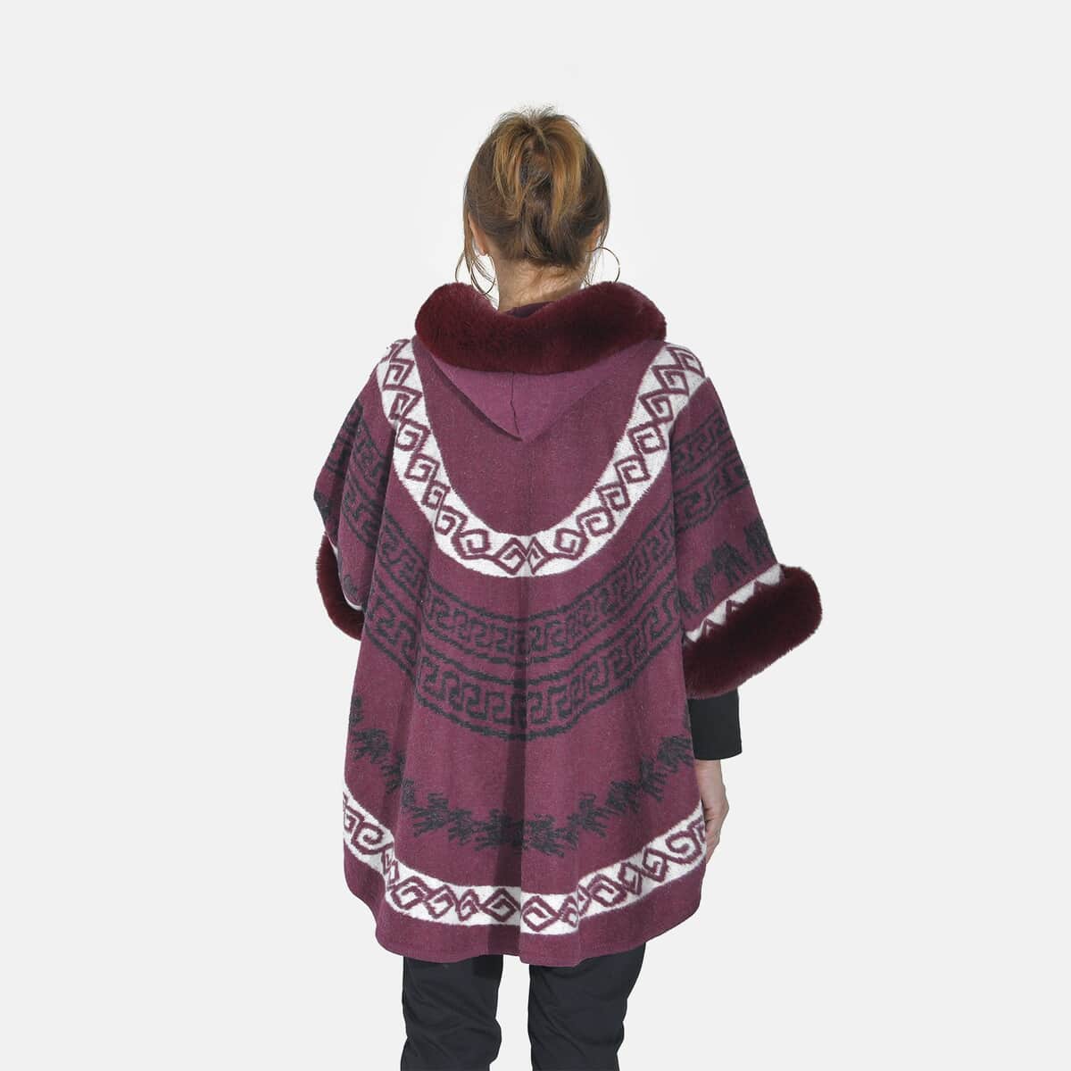 Tamsy Cranberry Half Moon Faux Fur Lined Hooded Poncho with Snap on Button Closure - One Size Fits Most image number 1