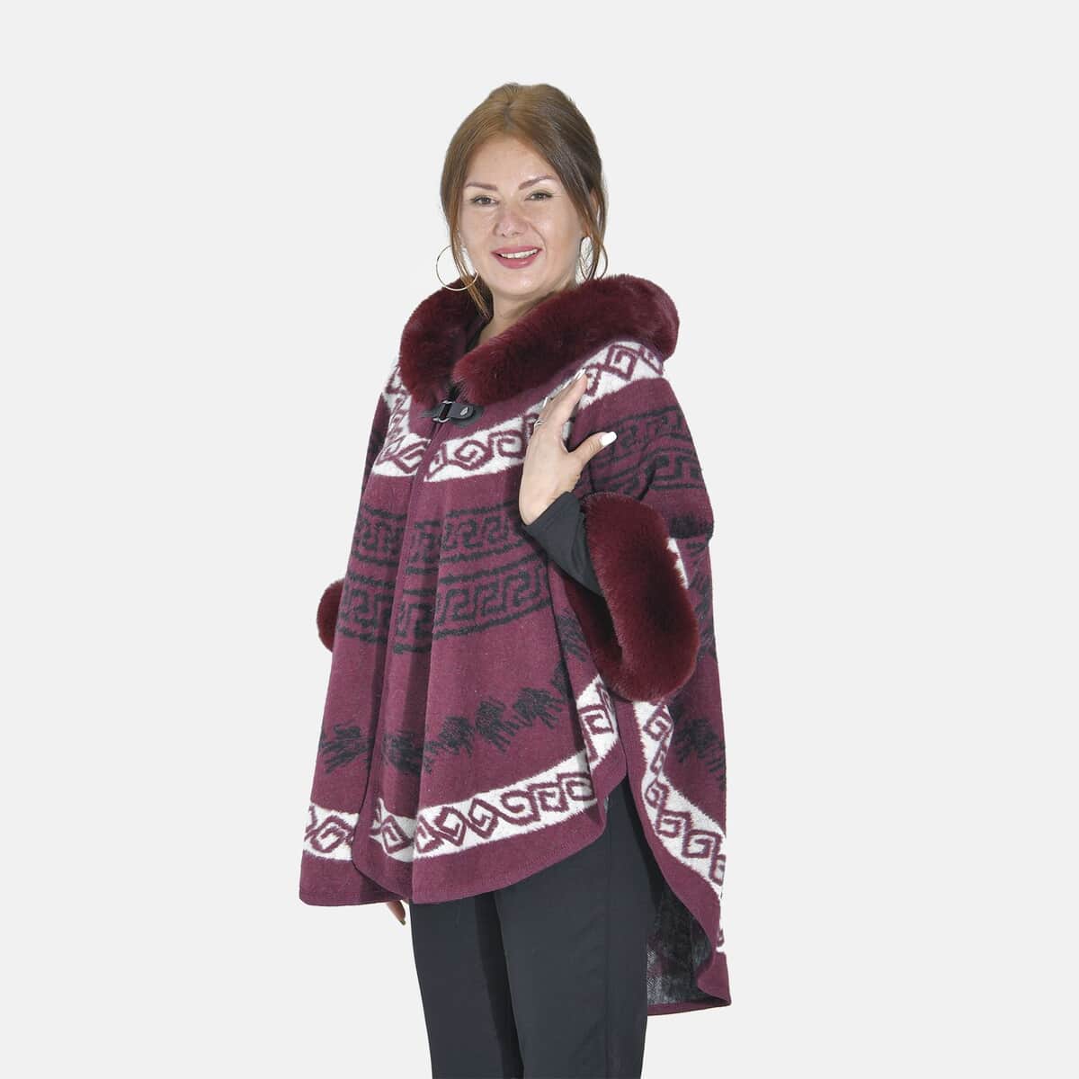 Tamsy Cranberry Half Moon Faux Fur Lined Hooded Poncho with Snap on Button Closure - One Size Fits Most image number 2