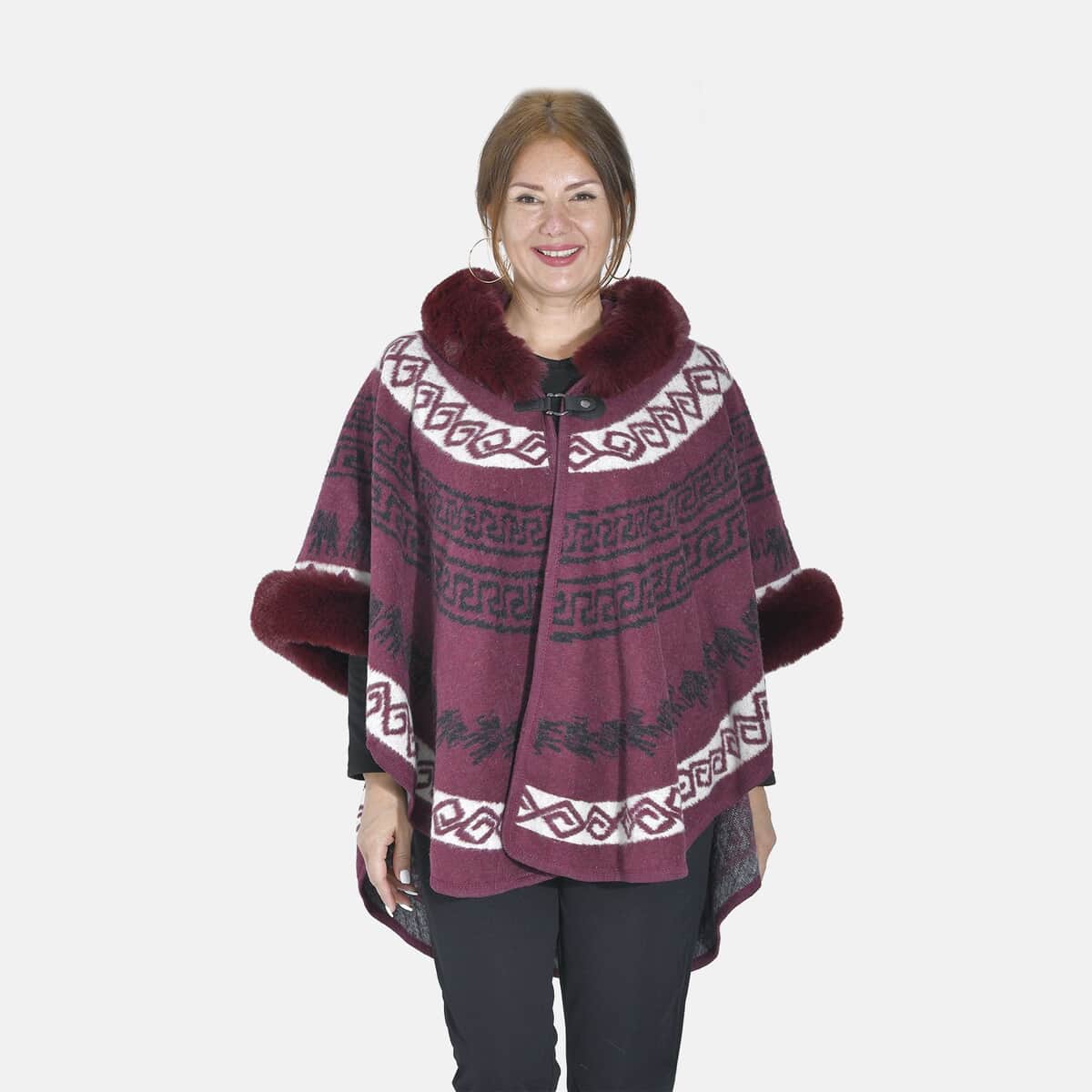 Tamsy Cranberry Half Moon Faux Fur Lined Hooded Poncho with Snap on Button Closure - One Size Fits Most image number 3