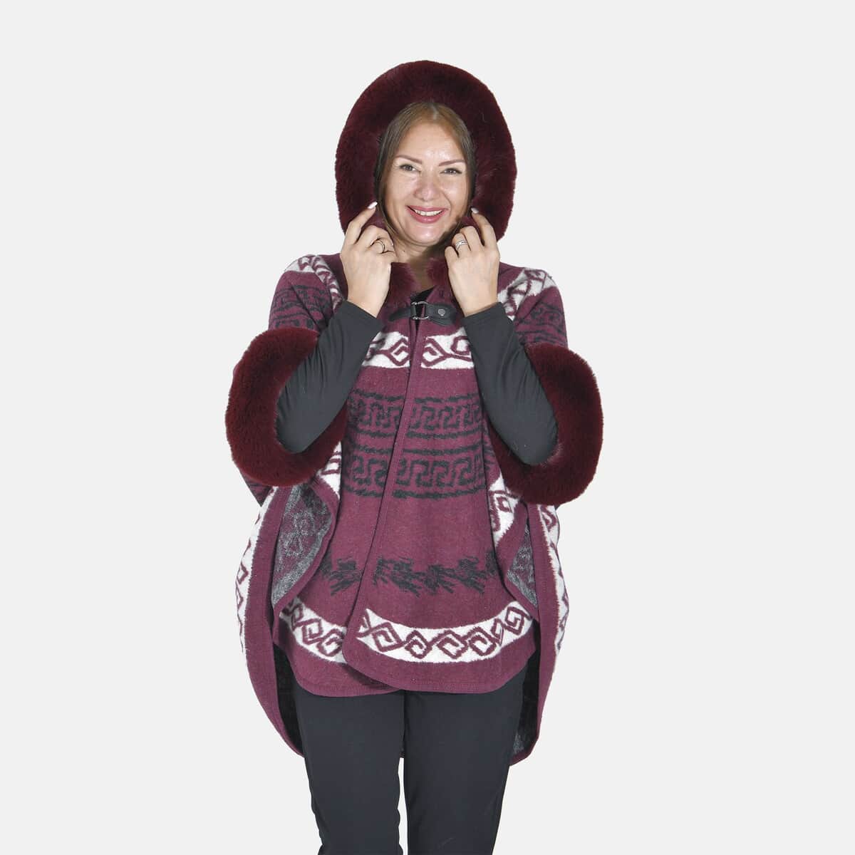 Tamsy Cranberry Half Moon Faux Fur Lined Hooded Poncho with Snap on Button Closure - One Size Fits Most image number 4
