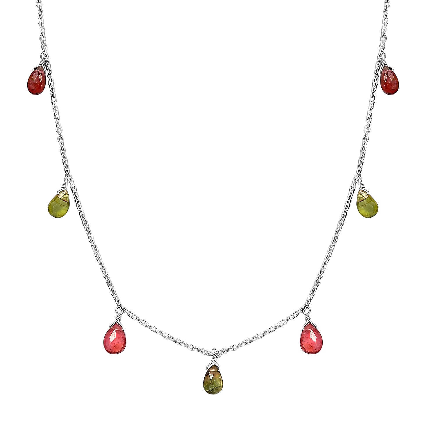 Multi Color Tourmaline Teardrop Charm Necklace 18 Inches in Sterling Silver 8.90 ctw