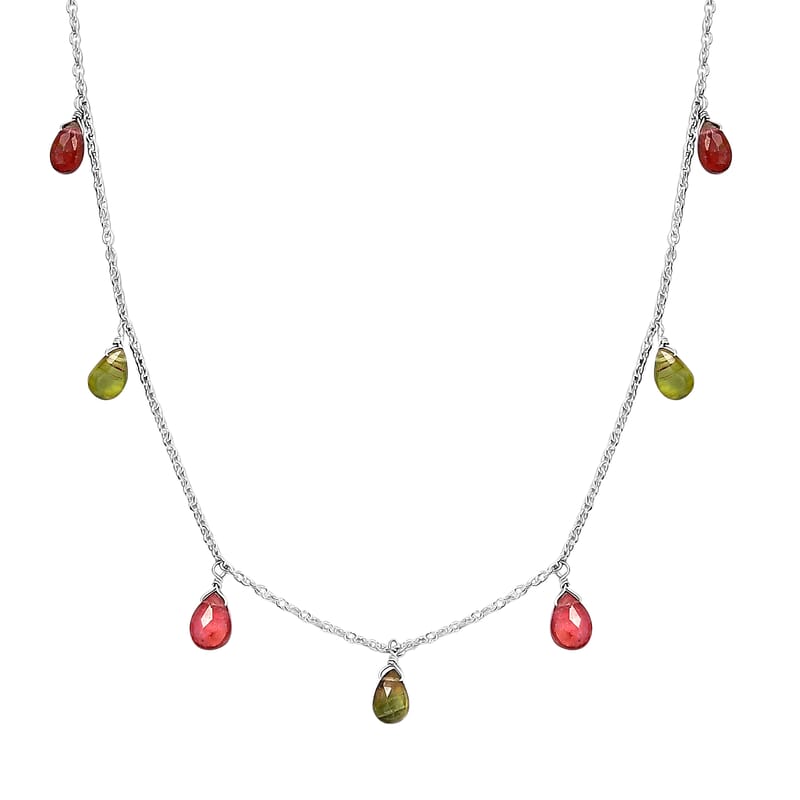 Multi Color Tourmaline Teardrop Charm Necklace 18 Inches in Sterling Silver 8.90 ctw