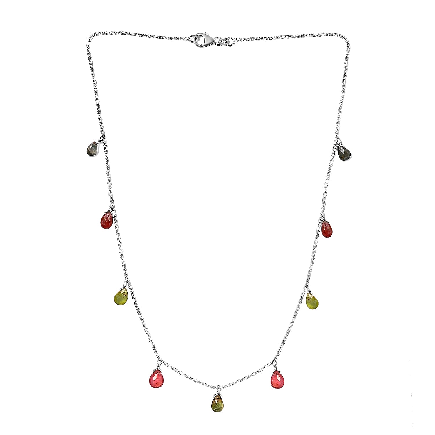 Multi Color Tourmaline Teardrop Charm Necklace 18 Inches in Sterling Silver 8.90 ctw
