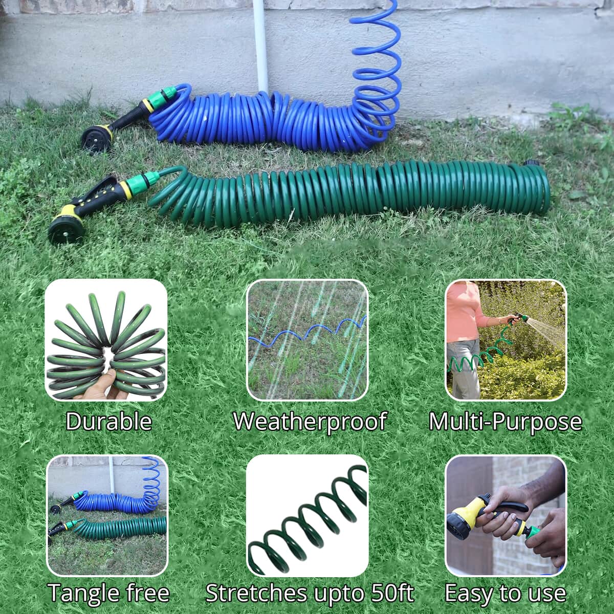 GREENBOUND Coiled Water Hose with Spray Nozzle - Green image number 1
