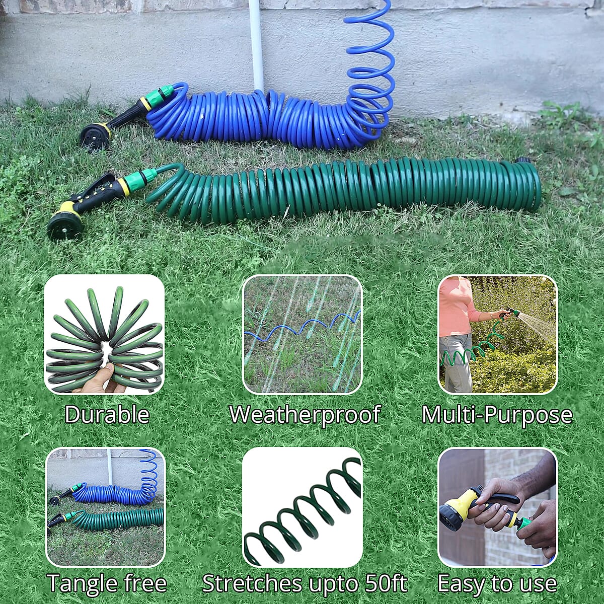 50 ft. Coiled Water Hose with Spray Nozzle - Green image number 1