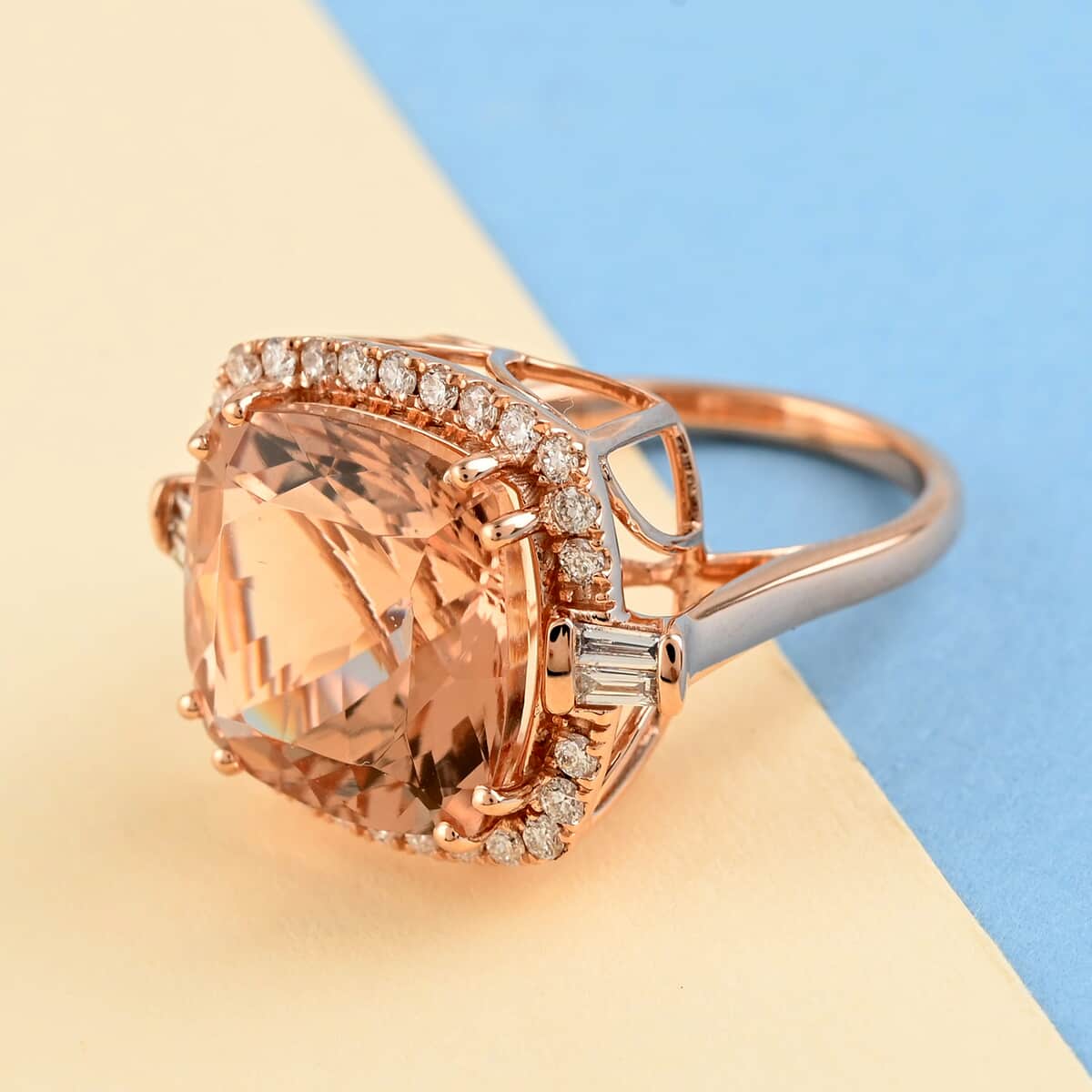 Certified Iliana 18K Rose Gold AAA Marropino Morganite and G-H SI Diamond Ring (Size 6.0) 5.85 Grams 8.90 ctw image number 1
